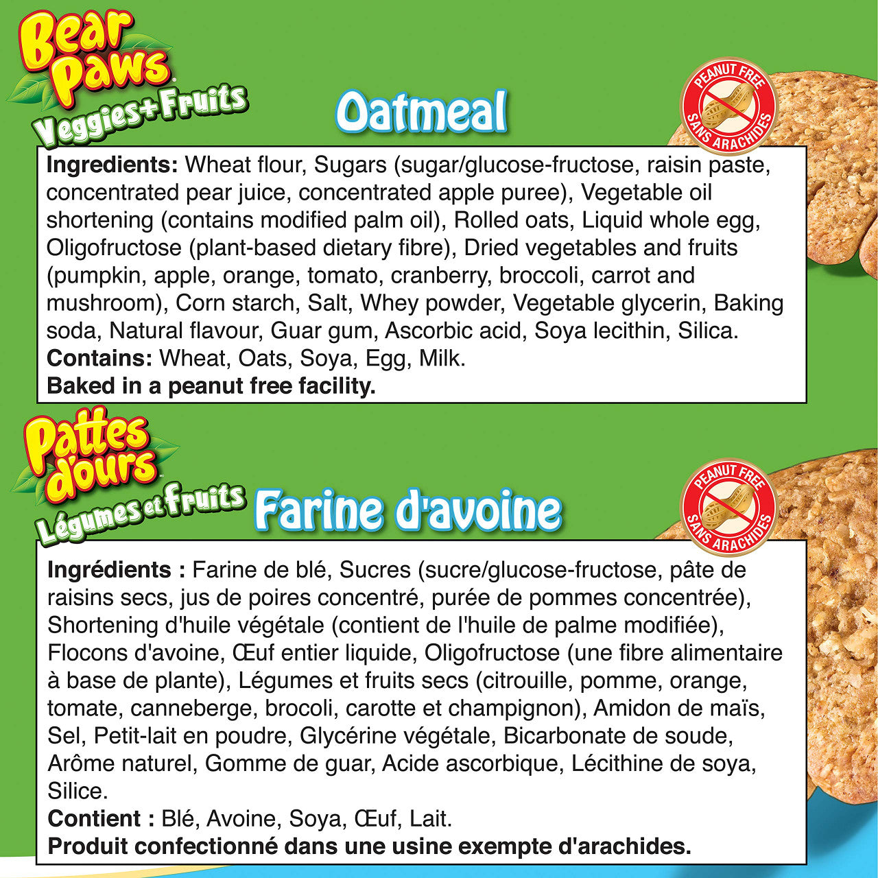 Bear Paws Fruit & Veggies Oatmeal Cookies, 168g/5.9 oz. Ingredients